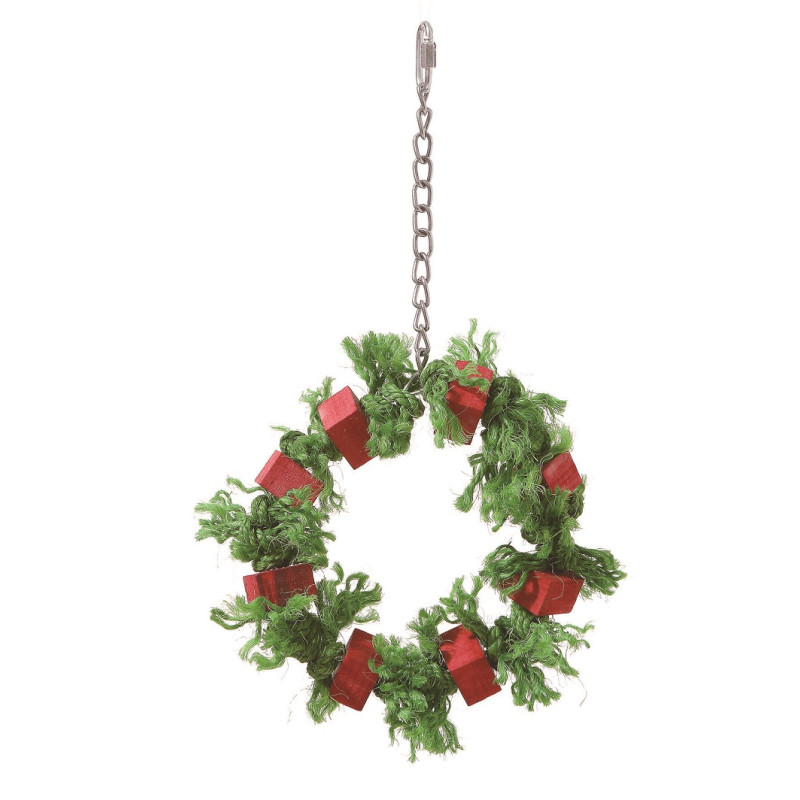 (A980) Christmas Wreath Parrot Bird Toy with Sisal Ropes and Wooden Blocks